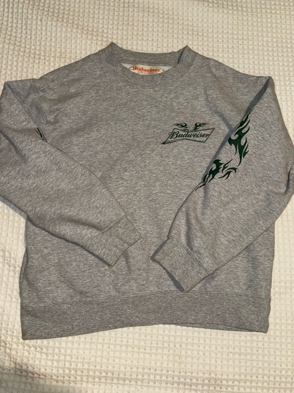 2/$10 - PacSun Budweiser Crewneck Sweatshirt with Green Flame Sleeves